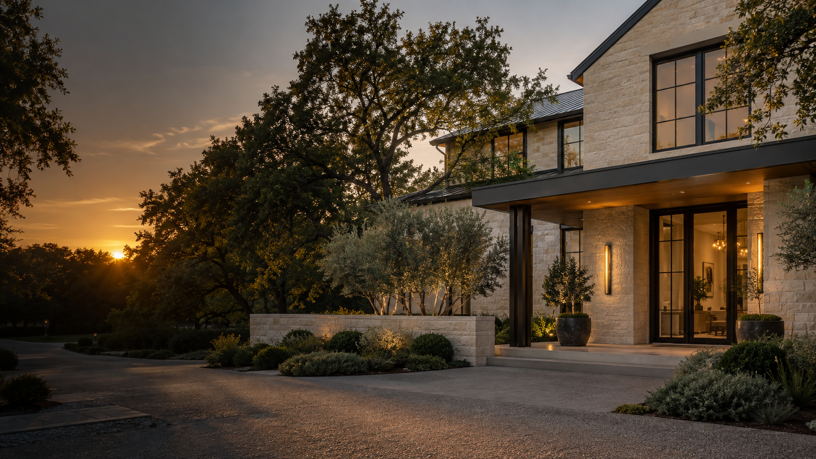 Contemporary limestone home at sunset
